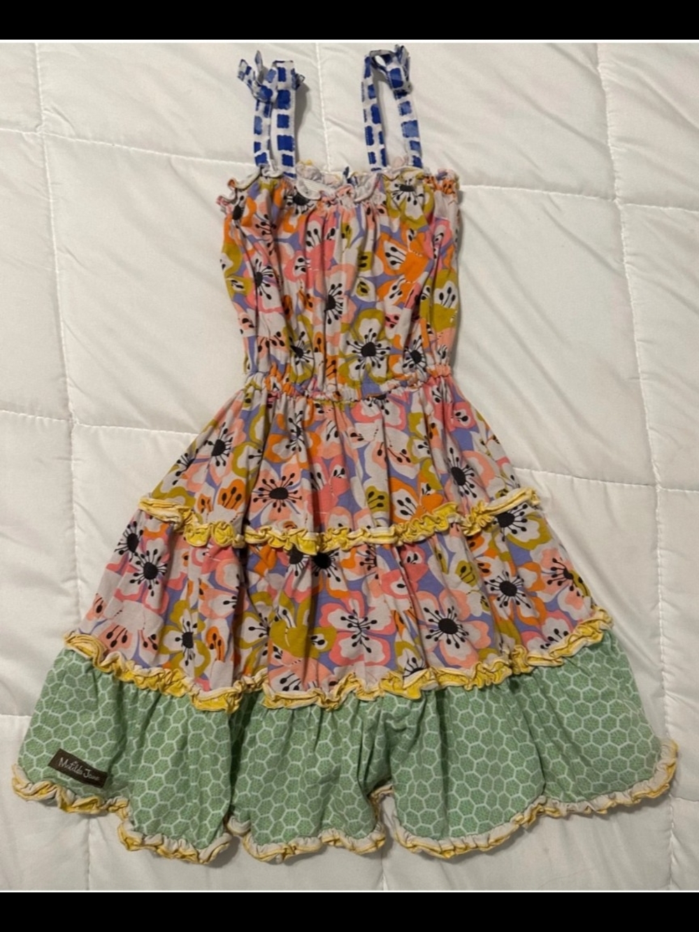Matilda Jane Multicolor Floral Tiered Dress with Blue Gingham Straps Size 6 Year - Picture 3 of 3
